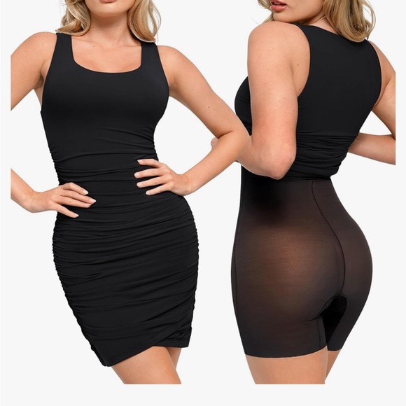 Popilush NWT S BLACK RUCHED SLEEVELESS BODYCON SHAPEWEAR MINI DRESS - Picture 1 of 7